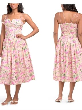 💕🔹️En Saison 🔹️Floral Pink Tie-Shoulder Midi Dress